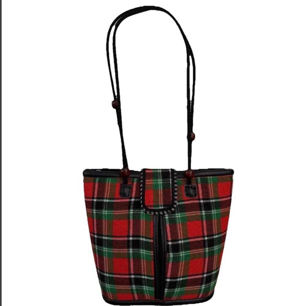 Tartan Buffalo Plaid Bucket Shoulder Small Bag Red Black Green Beads 8.5” Checks